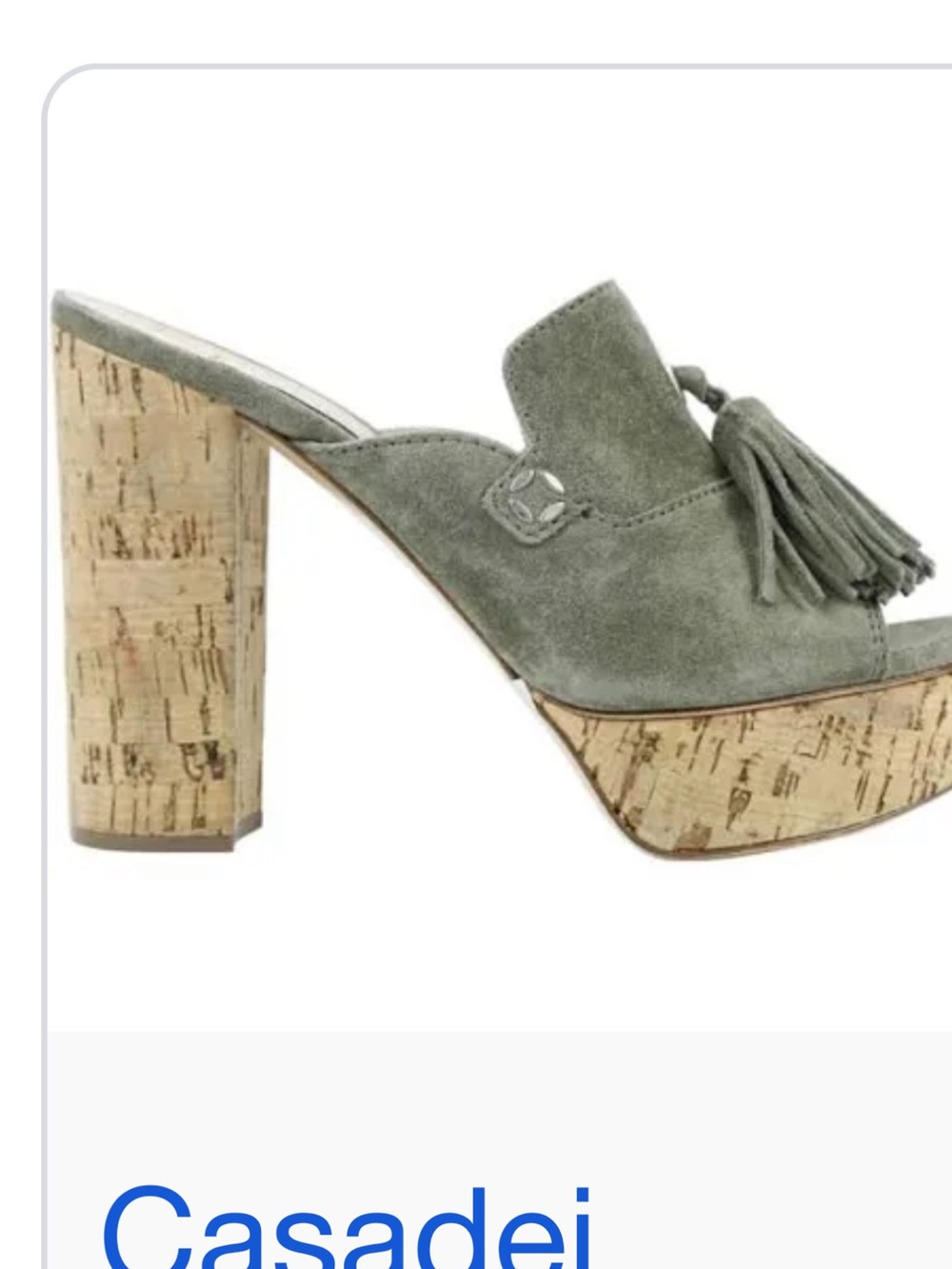 Casadei Suede Tassel Platform Mule in Sage Green with Cork Heel